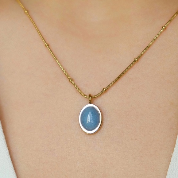 Natural Blue Stone Beaded Chain Necklace | Gold Plated Stainless Steel - Picture 4 of 5